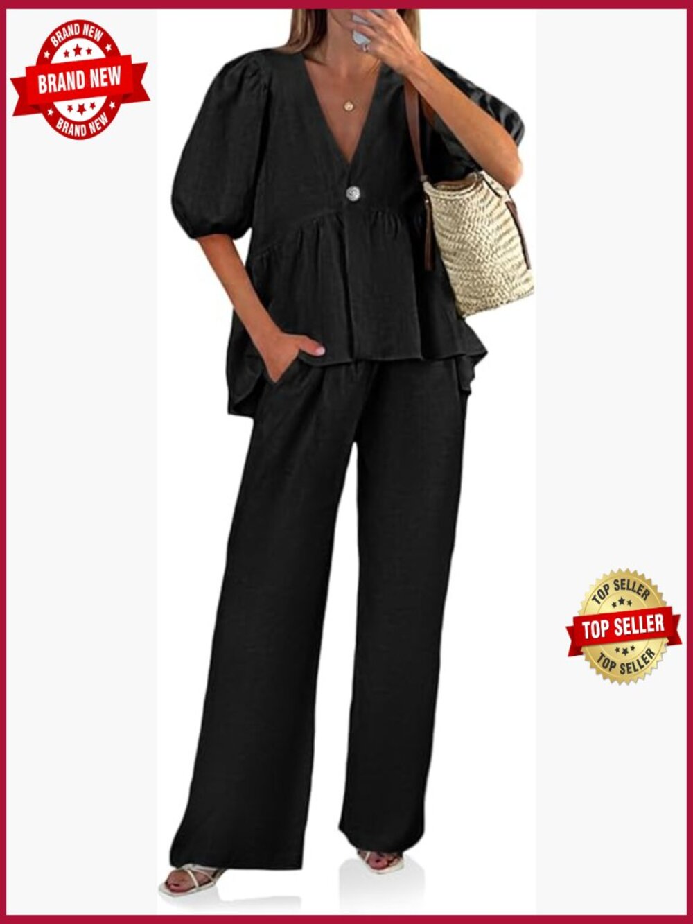 Womens 2 Piece Linen Sets V Neck Puff Sleeve Babydoll Top Wide Leg Pants